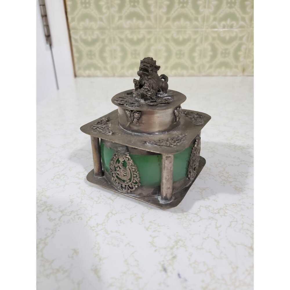 Vintage Asian Tibetan Incense Burner Silver Agate Inlaid Phoo Foo Dog Buddhism